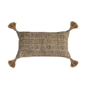creative co-op woven cotton blend lumbar tassels and chambray back pillow, 24" l x 14" w x 2" h, multicolor