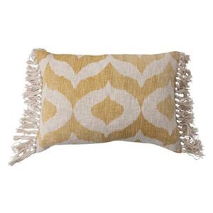 creative co-op cotton slub lumbar ikat pattern and tassels pillow, 16" l x 24" w x 2" h, yellow