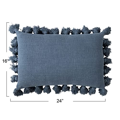 Creative Co-Op Woven Cotton Slub Lumbar Pillow with Crochet and Tassels, 24"L x 16"W x 2"H,Blue