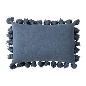 creative co-op woven cotton slub lumbar pillow with crochet and tassels, 24"l x 16"w x 2"h,blue