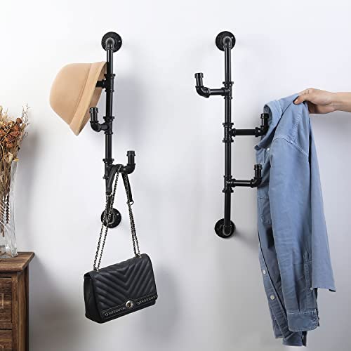 MyGift Wall Mounted Industrial Black Metal Vertical Hat and Coat Rack with 3 Adjustable Arm Hooks, Entryway Organizer Coat Hooks, Set of 2