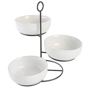 gibson home gracious dining 3-tier tidbit bowl w/metal stand, white