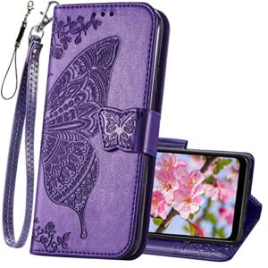 KRHGEIK Designed for Moto G Pure Phone Case Wallet,Women Butterfly Embossed PU Leather Protective Case with Kickstand Card Holder Slots Wrist Strap Flip Cover for Motorola Moto G Pure(Purple)