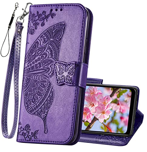 KRHGEIK Designed for Moto G Pure Phone Case Wallet,Women Butterfly Embossed PU Leather Protective Case with Kickstand Card Holder Slots Wrist Strap Flip Cover for Motorola Moto G Pure(Purple)