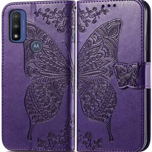 KRHGEIK Designed for Moto G Pure Phone Case Wallet,Women Butterfly Embossed PU Leather Protective Case with Kickstand Card Holder Slots Wrist Strap Flip Cover for Motorola Moto G Pure(Purple)