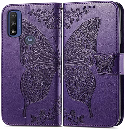 KRHGEIK Designed for Moto G Pure Phone Case Wallet,Women Butterfly Embossed PU Leather Protective Case with Kickstand Card Holder Slots Wrist Strap Flip Cover for Motorola Moto G Pure(Purple)