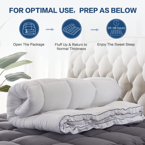 Queen Mattress Topper Pillow Top Extra Thick Cooling Mattress Pad Cover for Back Pain Plush Soft with 8-21 Inch Deep Pocket 3D Snow Down Alternative Fill - White