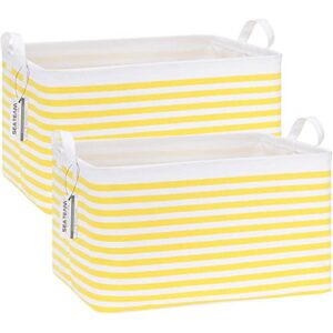 sea team 2-pack collapsible canvas fabric storage basket with handles, rectangle waterproof storage bin, box, cube, foldable shelf basket, closet organizer, 16.5 x 11.8 x 9.8 inches, yellow stripe