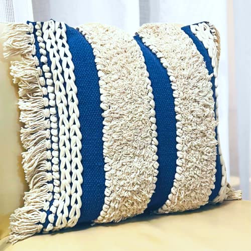 COCO MARKETPLACE Throw Pillow, Decorative Pillow Cover 18x18 Moroccan Rustic Neutral Handwoven Tufted Accent Pillows for Sofa, Chair, Living Room, Home Decor Boho Pillows (Beige/Blue)