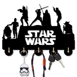 star wars wall-mounted key hooks for wall, key rack star wars key holder for wall decorative with 5 hooks, wooden home wall decor for entryway hallway