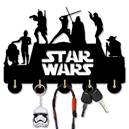 Star Wars Wall-Mounted Key Hooks for Wall, Key Rack Star Wars Key Holder for Wall Decorative with 5 Hooks, Wooden Home Wall Decor for Entryway Hallway