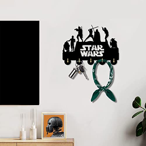 Star Wars Wall-Mounted Key Hooks for Wall, Key Rack Star Wars Key Holder for Wall Decorative with 5 Hooks, Wooden Home Wall Decor for Entryway Hallway