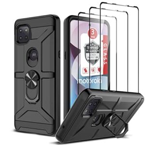 motorola one 5g ace case with [3x tempered glass screen protector], built-in ring kickstand and magnetic car mount shockproof dropproof military grade armor rugged case for moto one 5g ace - black