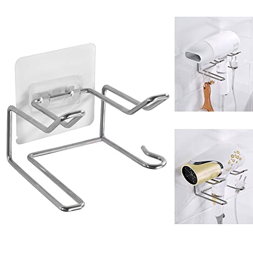 Hair Dryer Holder Wall Mounted Self Adhesive Blow Dryer Holder Stainless Steel Hair Dryer Rack Holder Silber Punching Free Shelf Storage for Bathroom/Bedroom/Washroom