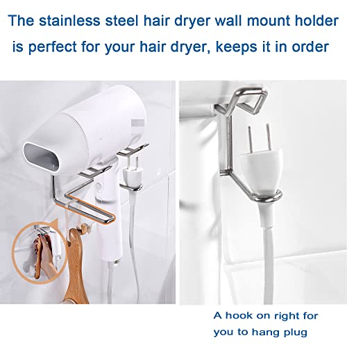 Hair Dryer Holder Wall Mounted Self Adhesive Blow Dryer Holder Stainless Steel Hair Dryer Rack Holder Silber Punching Free Shelf Storage for Bathroom/Bedroom/Washroom