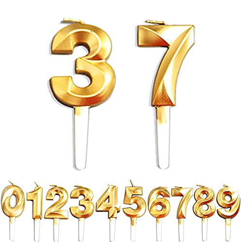 Birthday Number Candles, NO. 3/7/37/73 Anniversary Cake Decorations, Gold Number Birthday Cake Candles, Cake Decoration for Birthday Party Wedding Anniversary Graduation Celebration Supplies