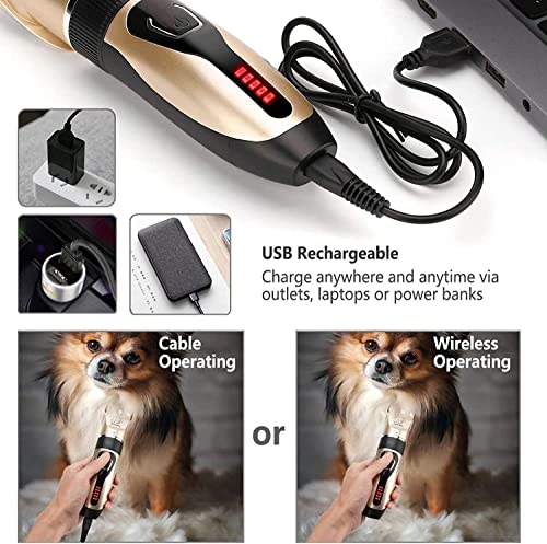 Dog Clippers, USB Rechargeable Cordless Dog Grooming Kit, Electric Pets Hair Trimmers Shaver Shears for Dogs and Cats, Quiet, Washable, with LED Display (Yellow)