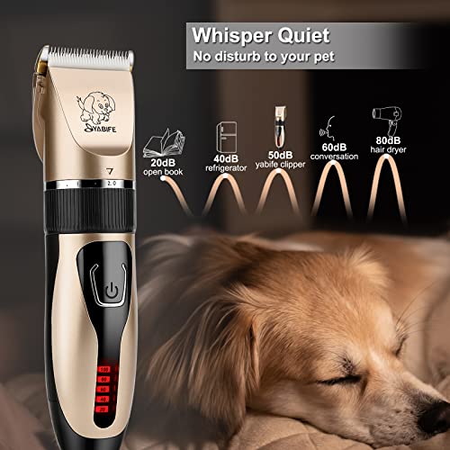 Dog Clippers, USB Rechargeable Cordless Dog Grooming Kit, Electric Pets Hair Trimmers Shaver Shears for Dogs and Cats, Quiet, Washable, with LED Display (Yellow)