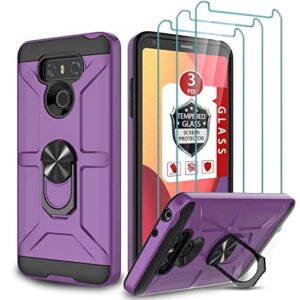 gamemiuz lg g6 case, lg g6 case with [3x tempered glass screen protector], built-in ring kickstand and magnetic car mount shockproof dropproof military grade armor rugged case for lg g6 - purple