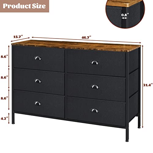 PRAISUN Larger 46.7''W 6 Drawer Dresser for Bedroom, Wide Fabric Dresser, Chest Dresser Organizer, Metal Handles, for Closet, Nursery, Living Room, Hallway - Black