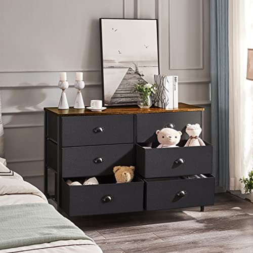 PRAISUN Larger 46.7''W 6 Drawer Dresser for Bedroom, Wide Fabric Dresser, Chest Dresser Organizer, Metal Handles, for Closet, Nursery, Living Room, Hallway - Black