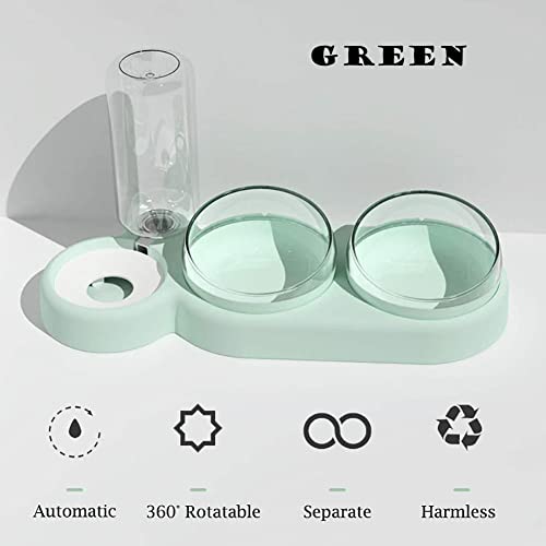 JiangYanus Raised Cat Bowls, 15° Tilted Cat Puppy Food and Water Bowl Set with Automatic Water Dispenser Bottle Cat Dish for Cat Small Medium Dogs (Green)