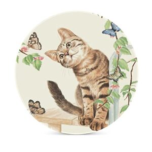 Cat Butterfly Coasters for Drinks, Set of 4, 4 Inch Absorbent Diatomite Ceramics Coasters with Cork Base, Tabletop Protection, Suitable for Dining Tables, Desks, Restaurants, Cafes