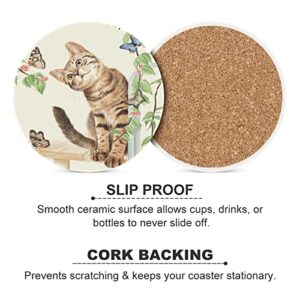 Cat Butterfly Coasters for Drinks, Set of 4, 4 Inch Absorbent Diatomite Ceramics Coasters with Cork Base, Tabletop Protection, Suitable for Dining Tables, Desks, Restaurants, Cafes