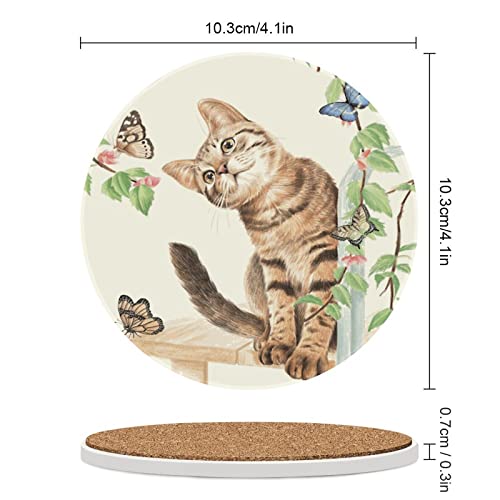 Cat Butterfly Coasters for Drinks, Set of 4, 4 Inch Absorbent Diatomite Ceramics Coasters with Cork Base, Tabletop Protection, Suitable for Dining Tables, Desks, Restaurants, Cafes