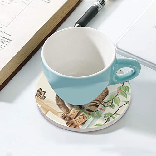 Cat Butterfly Coasters for Drinks, Set of 4, 4 Inch Absorbent Diatomite Ceramics Coasters with Cork Base, Tabletop Protection, Suitable for Dining Tables, Desks, Restaurants, Cafes