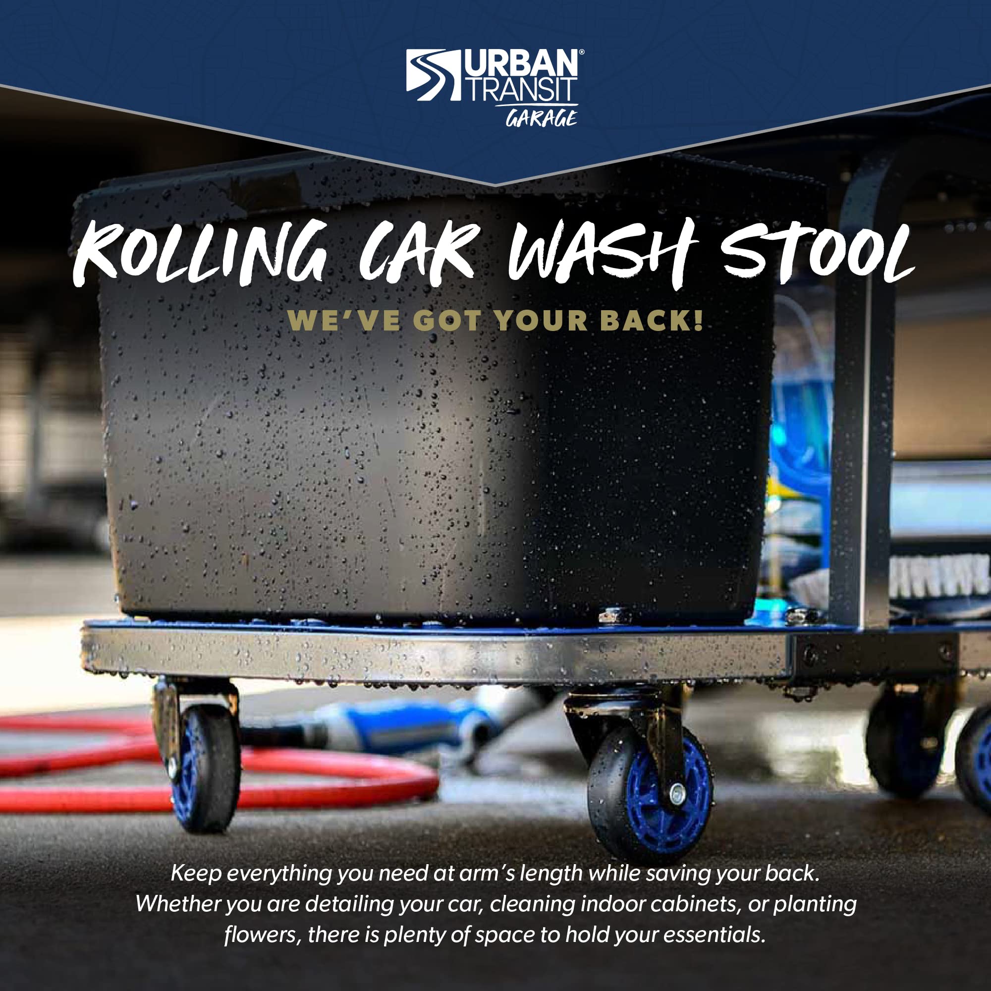 URBANTRANSIT Rolling Car Wash Stool with Bucket - Save Your Back, An Ideal Caddy Cart for Car Detailing, Cleaning, Painting and Gardening - 350 Lb Capacity with Easy-Glide Wheels and Removable Seat