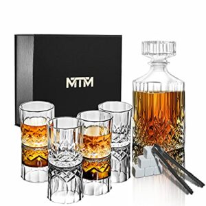 whiskey decanter set 7 pieces ，crystal whiskey bottle with glass stopper, 4 whiskey glasses, 6 cooling whiskey stones and ice clips, whiskey, scotch, men, holiday gifts, bar essentials, 32oz
