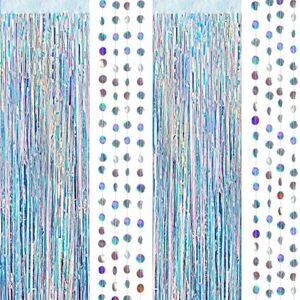 Iridescent Tinsel Foil Fringe Curtains for Birthday Party Photo Backdrop Circle Dots Garland Holographic Backdrop for Disco Euphoria Party Decorations