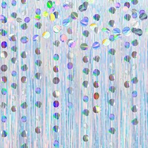 Iridescent Tinsel Foil Fringe Curtains for Birthday Party Photo Backdrop Circle Dots Garland Holographic Backdrop for Disco Euphoria Party Decorations