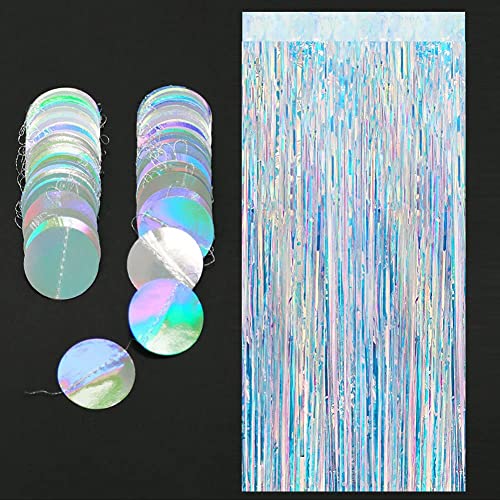 Iridescent Tinsel Foil Fringe Curtains for Birthday Party Photo Backdrop Circle Dots Garland Holographic Backdrop for Disco Euphoria Party Decorations