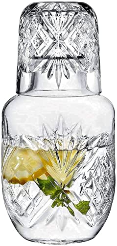 DUHALINE Crystal Bedside Carafe and Glass Set, Crystal Bedside Night Carafe Pitcher and Tumbler Glass Set, 2 Piece Water Pitcher And Cup Night Set (17.75 oz or 525 ml)