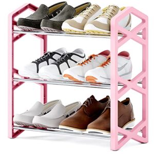 shelaket upgrade 3-tier small shoe rack, metal lightweight 5-7 pairs shoe shelf storage organizer for entryway, hallway and closet（pink）
