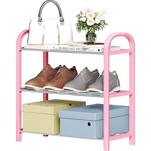 SHELAKET 3-Tier Small Shoe Rack, Lightweight 5-7 Pairs Shoe Shelf Storage Organizer,Sturdy Metal Standing Narrow Shoe Shelf for Closet Entryway Hallway(Pink)