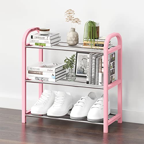 SHELAKET 3-Tier Small Shoe Rack, Lightweight 5-7 Pairs Shoe Shelf Storage Organizer,Sturdy Metal Standing Narrow Shoe Shelf for Closet Entryway Hallway(Pink)