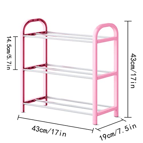 SHELAKET 3-Tier Small Shoe Rack, Lightweight 5-7 Pairs Shoe Shelf Storage Organizer,Sturdy Metal Standing Narrow Shoe Shelf for Closet Entryway Hallway(Pink)