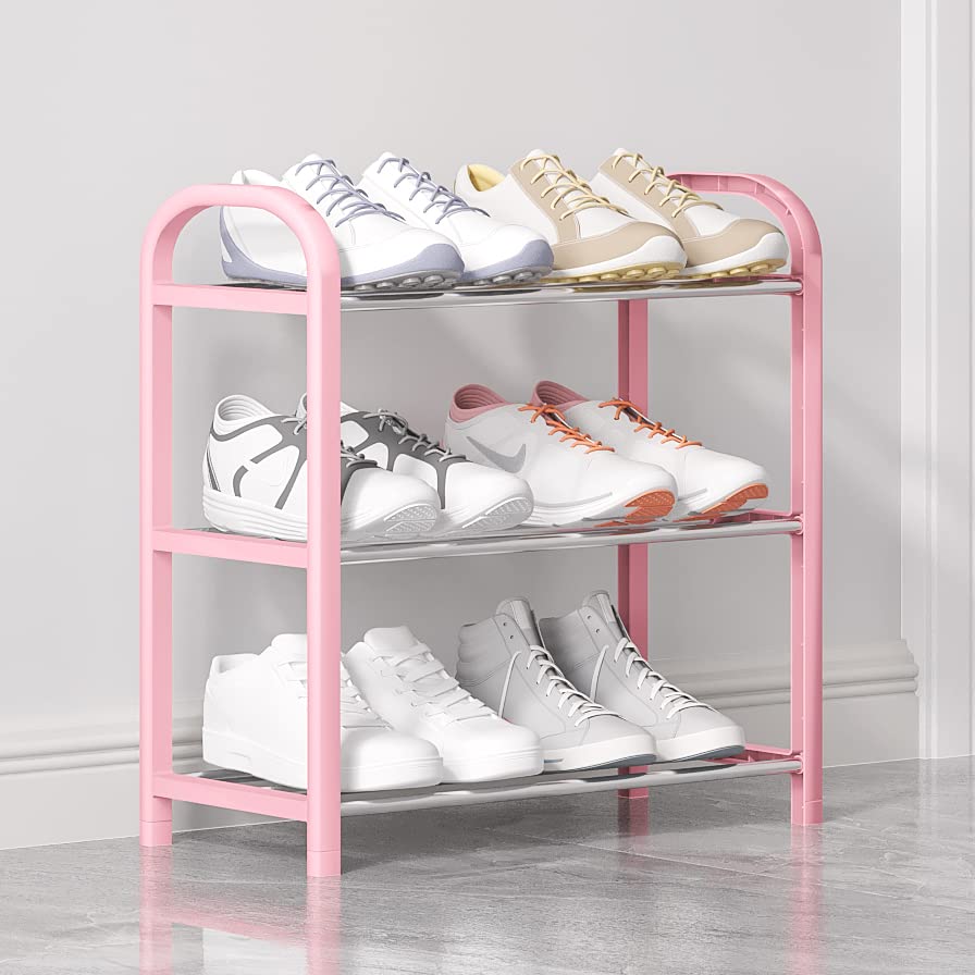 SHELAKET 3-Tier Small Shoe Rack, Lightweight 5-7 Pairs Shoe Shelf Storage Organizer,Sturdy Metal Standing Narrow Shoe Shelf for Closet Entryway Hallway(Pink)