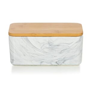 kitchnest marble butter dish with lid for countertop or refrigerator storage, holds 2 sticks, vintage bamboo cover with farmhouse color finish for kitchen and dining room, large