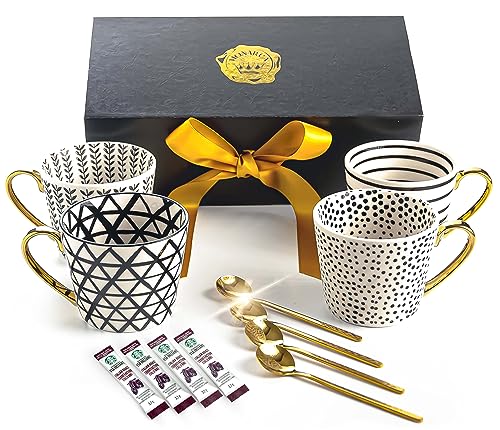 Monarca Set of 4 Mugs with Gold Tea Spoons, Ceramic with Real Gold Plated Handle, Aesthetic, Hand Painted 12 oz Elegance Colors Black, White and Gold