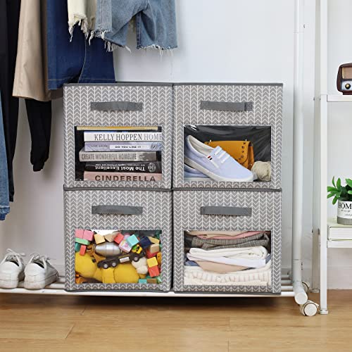 DOMEraax Cube Storage Bin 4 Pack with Clear window Large Boxes Basket with Handles Fabric Closet Organizer 13" x 13" x 13" Herringbone Pattern