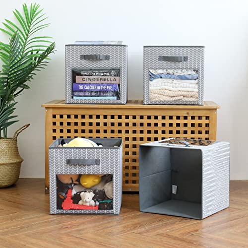 DOMEraax Cube Storage Bin 4 Pack with Clear window Large Boxes Basket with Handles Fabric Closet Organizer 13" x 13" x 13" Herringbone Pattern
