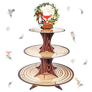 3 tier woodland cupcake stand, woodland baby shower decorations jungle animal cupcake tower for wild one boys girls woodland forest birthday party decor supplies