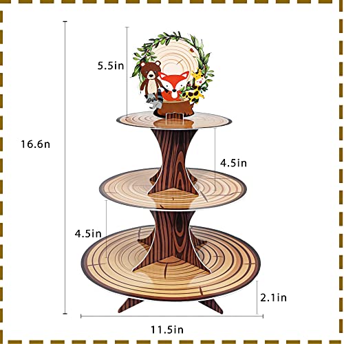 3 Tier Woodland Cupcake Stand, Woodland Baby Shower Decorations Jungle Animal Cupcake Tower for Wild One Boys Girls Woodland Forest Birthday Party Decor Supplies