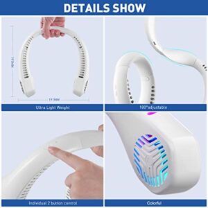 Colorful Portable Neck Fan with Light, Upgraded 4000mAh Flexible Arm Wearable Personal Neck Fan, Hands Free Bladeless Neck Fan for Man and Women Rechargeable Battery (White)