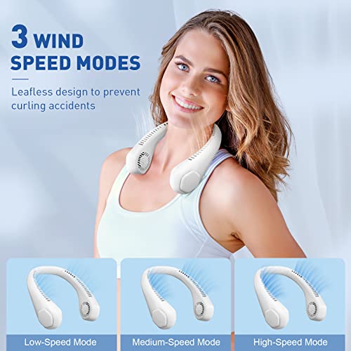 Colorful Portable Neck Fan with Light, Upgraded 4000mAh Flexible Arm Wearable Personal Neck Fan, Hands Free Bladeless Neck Fan for Man and Women Rechargeable Battery (White)