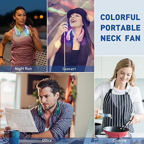 Colorful Portable Neck Fan with Light, Upgraded 4000mAh Flexible Arm Wearable Personal Neck Fan, Hands Free Bladeless Neck Fan for Man and Women Rechargeable Battery (White)